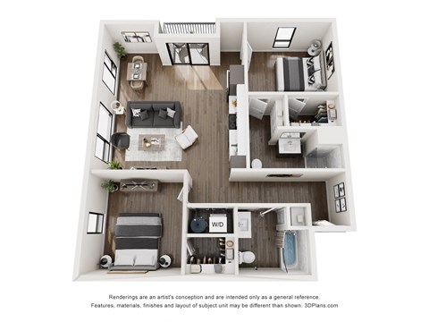 A 3D floor plan of a small apartment with a living room, kitchen, and bedroom.